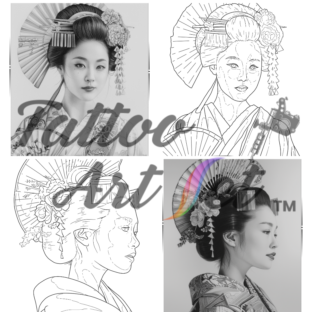 Exquisite Geisha Tattoo Stencils: Professional Artist Reference Kit