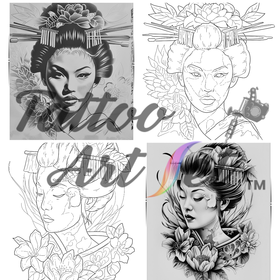 Exquisite Geisha Tattoo Stencils: Professional Artist Reference Kit