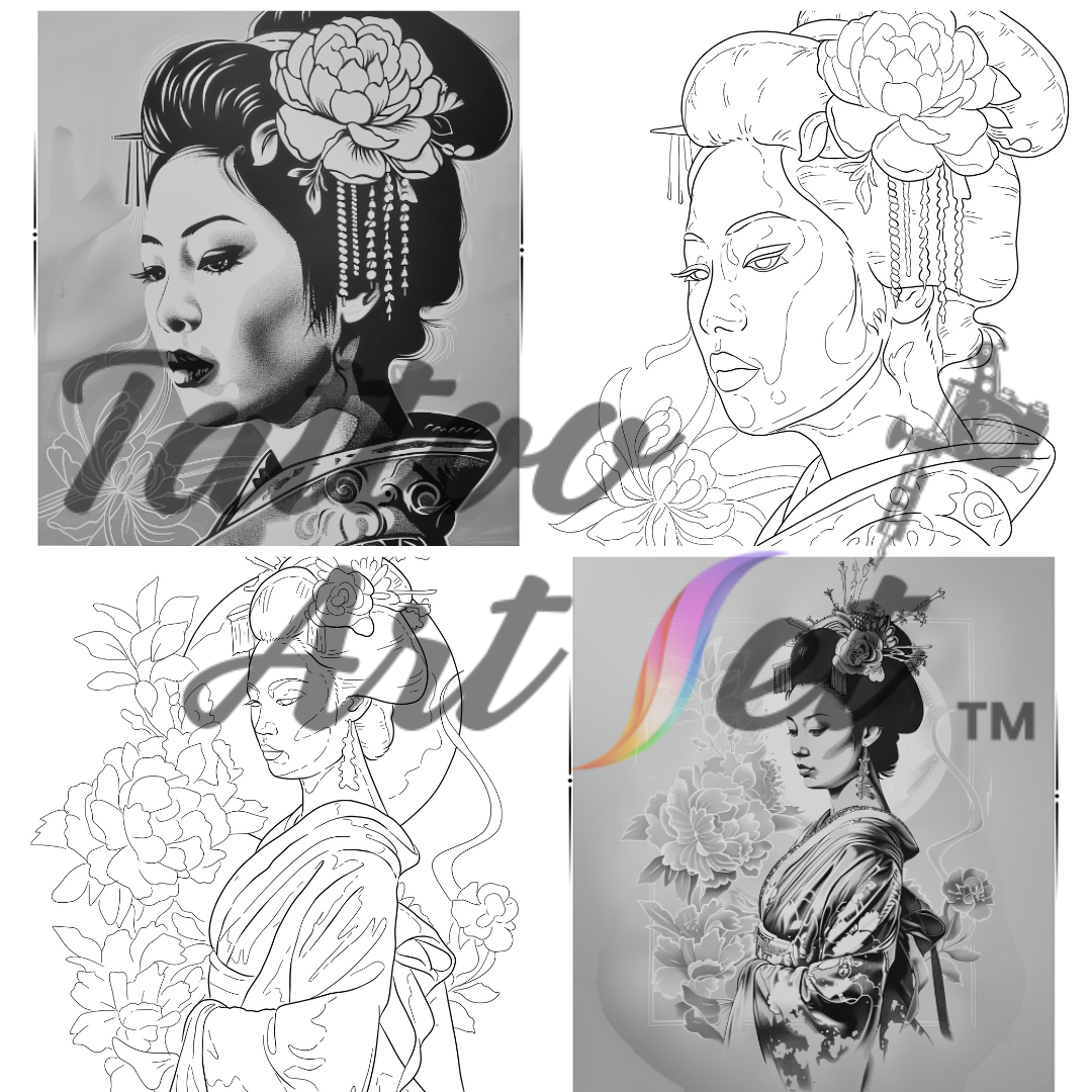 Exquisite Geisha Tattoo Stencils: Professional Artist Reference Kit