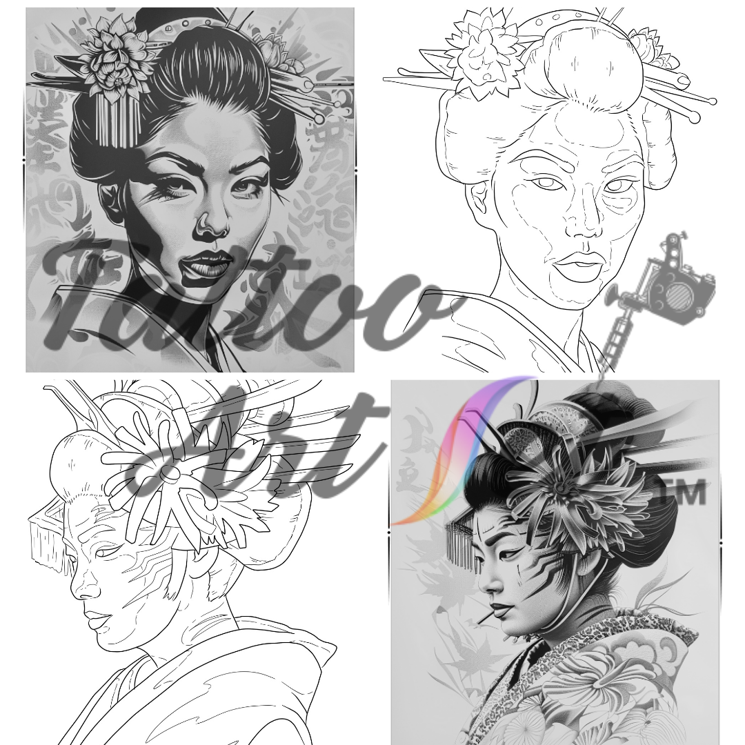 Exquisite Geisha Tattoo Stencils: Professional Artist Reference Kit