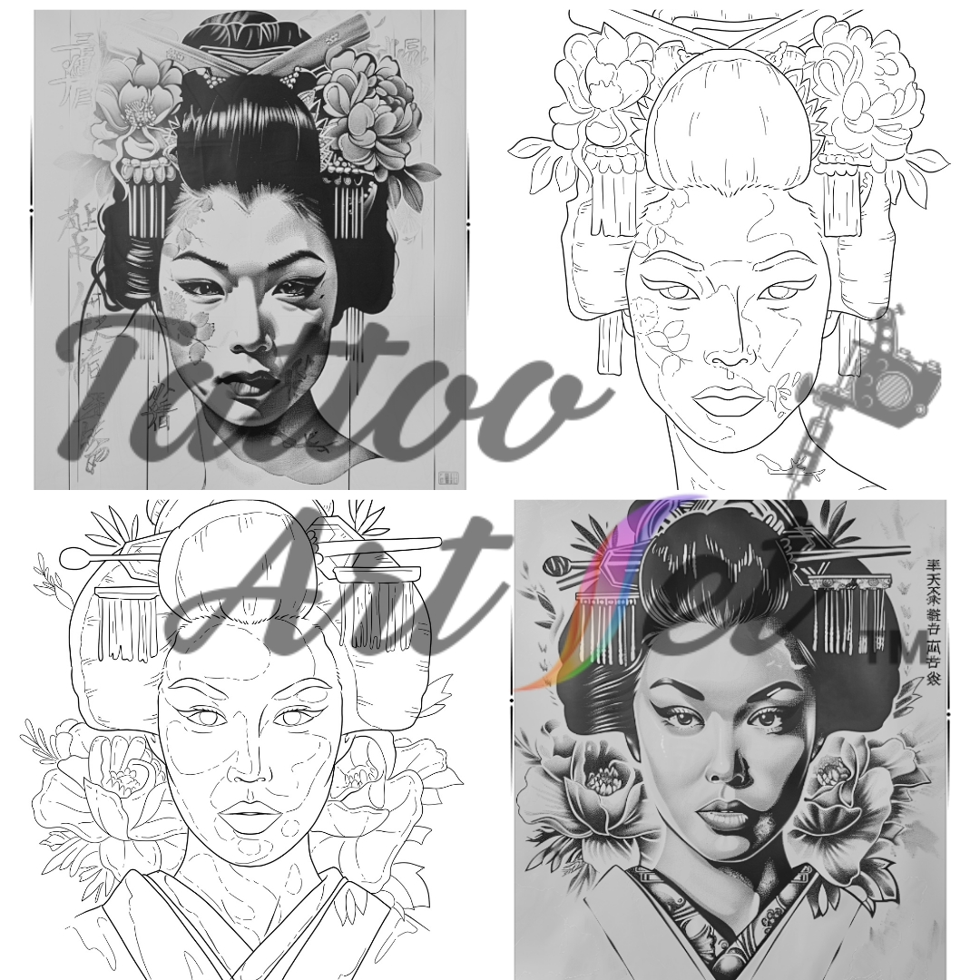 Exquisite Geisha Tattoo Stencils: Professional Artist Reference Kit