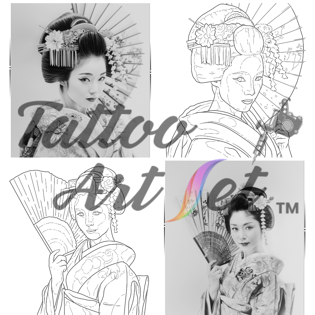 Exquisite Geisha Tattoo Stencils: Professional Artist Reference Kit