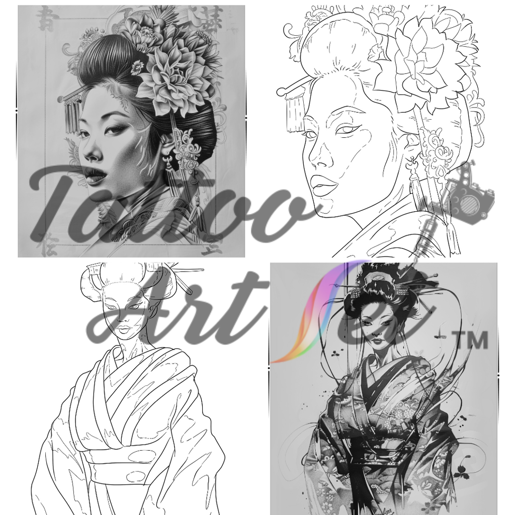 Exquisite Geisha Tattoo Stencils: Professional Artist Reference Kit