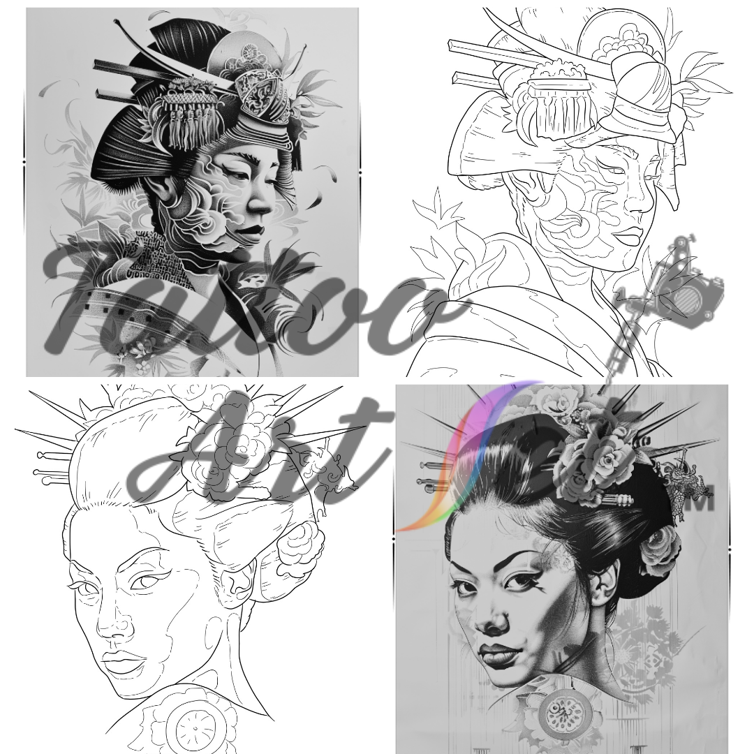 Exquisite Geisha Tattoo Stencils: Professional Artist Reference Kit