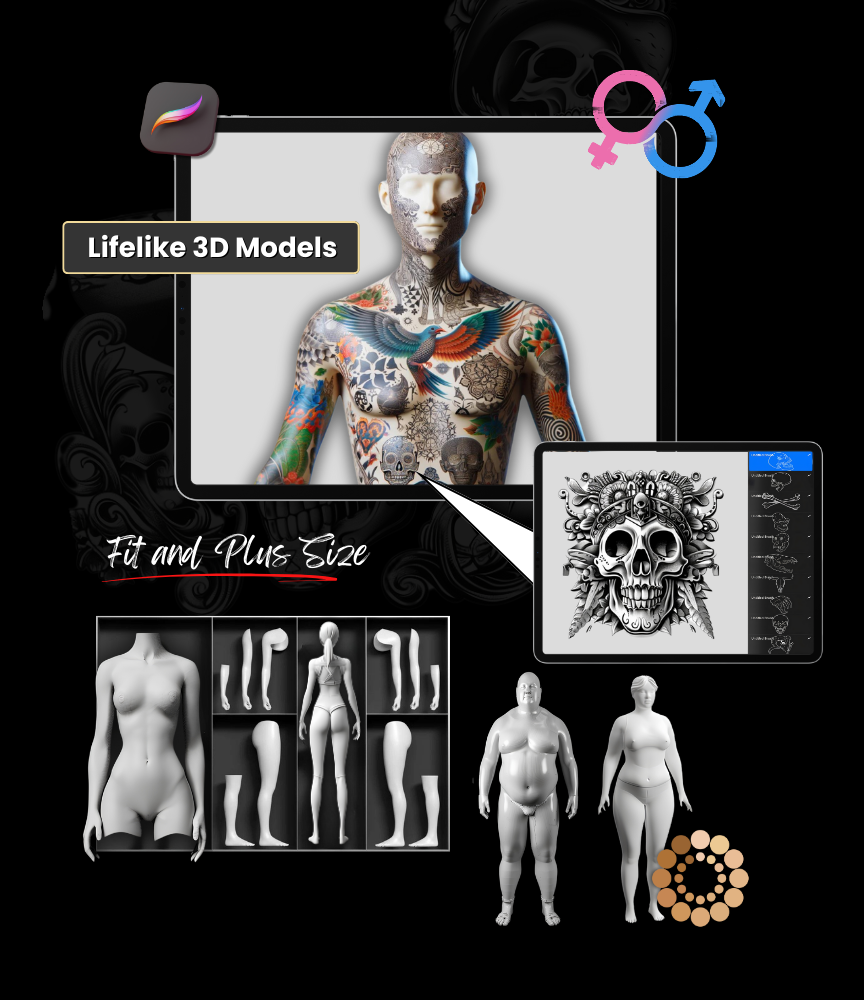 Ultimate Tattoo Artist Procreate & Android Bundle: 650+ Brushes, 2500+ Stencils, 2200+ Fonts, and 3D/2D Skin Tone Models