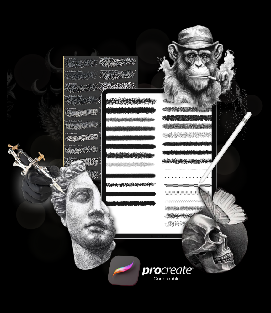 Ultimate Tattoo Artist Procreate & Android Bundle: 650+ Brushes, 2500+ Stencils, 2200+ Fonts, and 3D/2D Skin Tone Models
