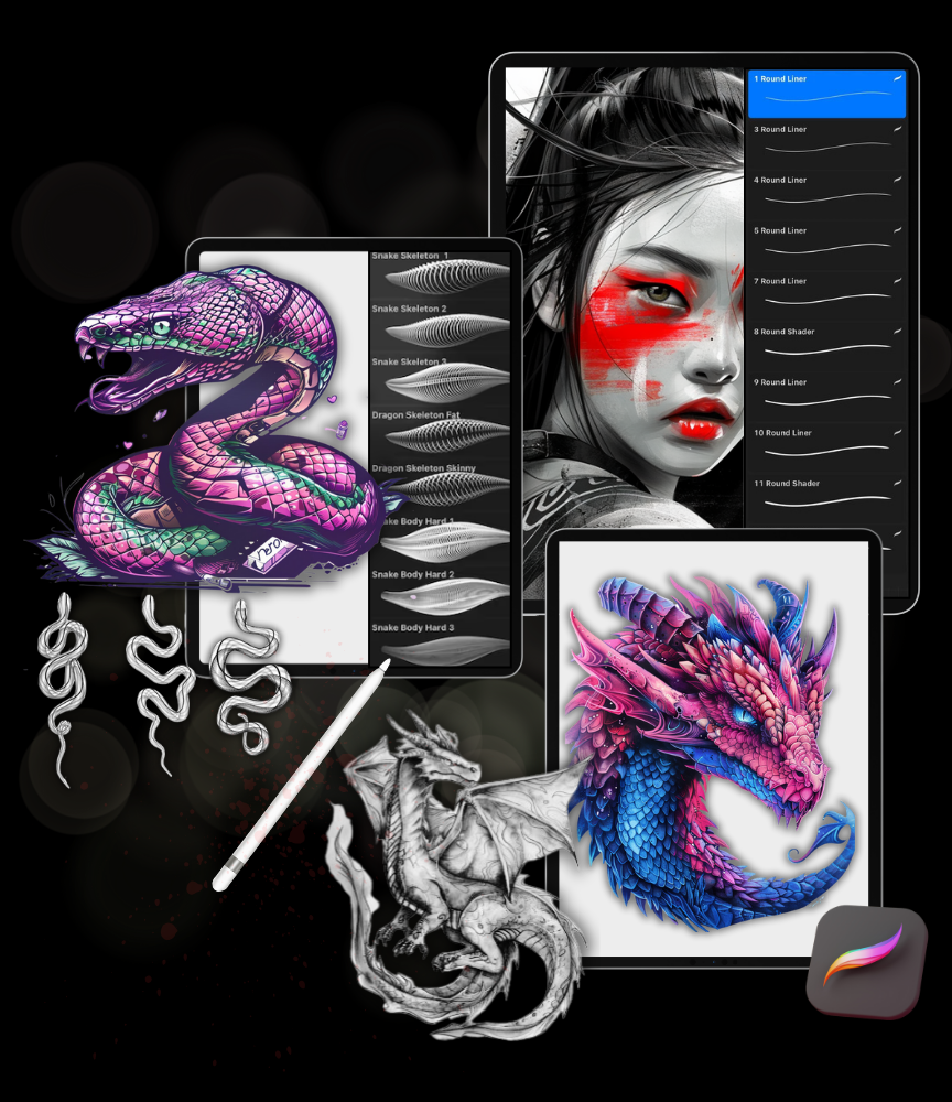 Ultimate Tattoo Artist Procreate & Android Bundle: 650+ Brushes, 2500+ Stencils, 2200+ Fonts, and 3D/2D Skin Tone Models