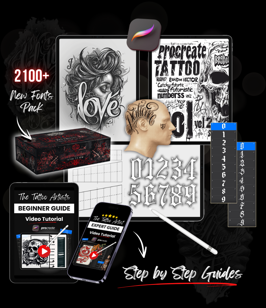 Ultimate Tattoo Artist Procreate & Android Bundle: 650+ Brushes, 2500+ Stencils, 2200+ Fonts, and 3D/2D Skin Tone Models