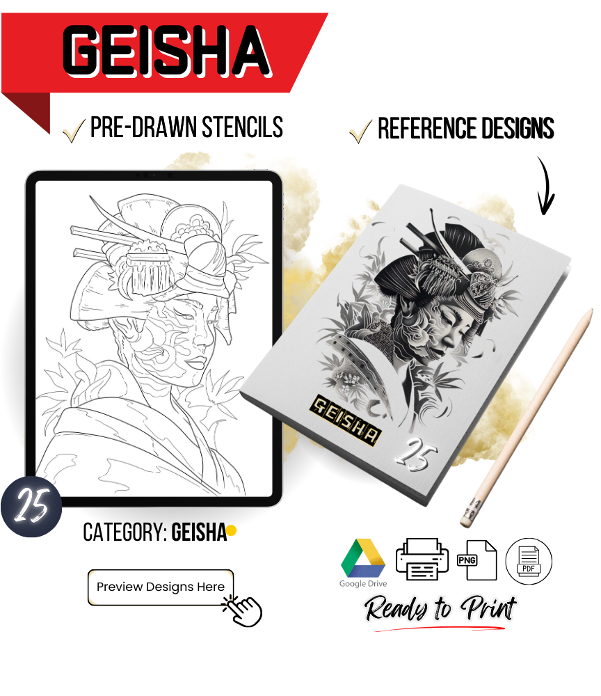 Exquisite Geisha Tattoo Stencils: Professional Artist Reference Kit