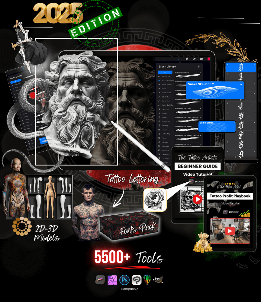 Ultimate Tattoo Artist Procreate & Android Bundle: 650+ Brushes, 2500+ Stencils, 2200+ Fonts, and 3D/2D Skin Tone Models